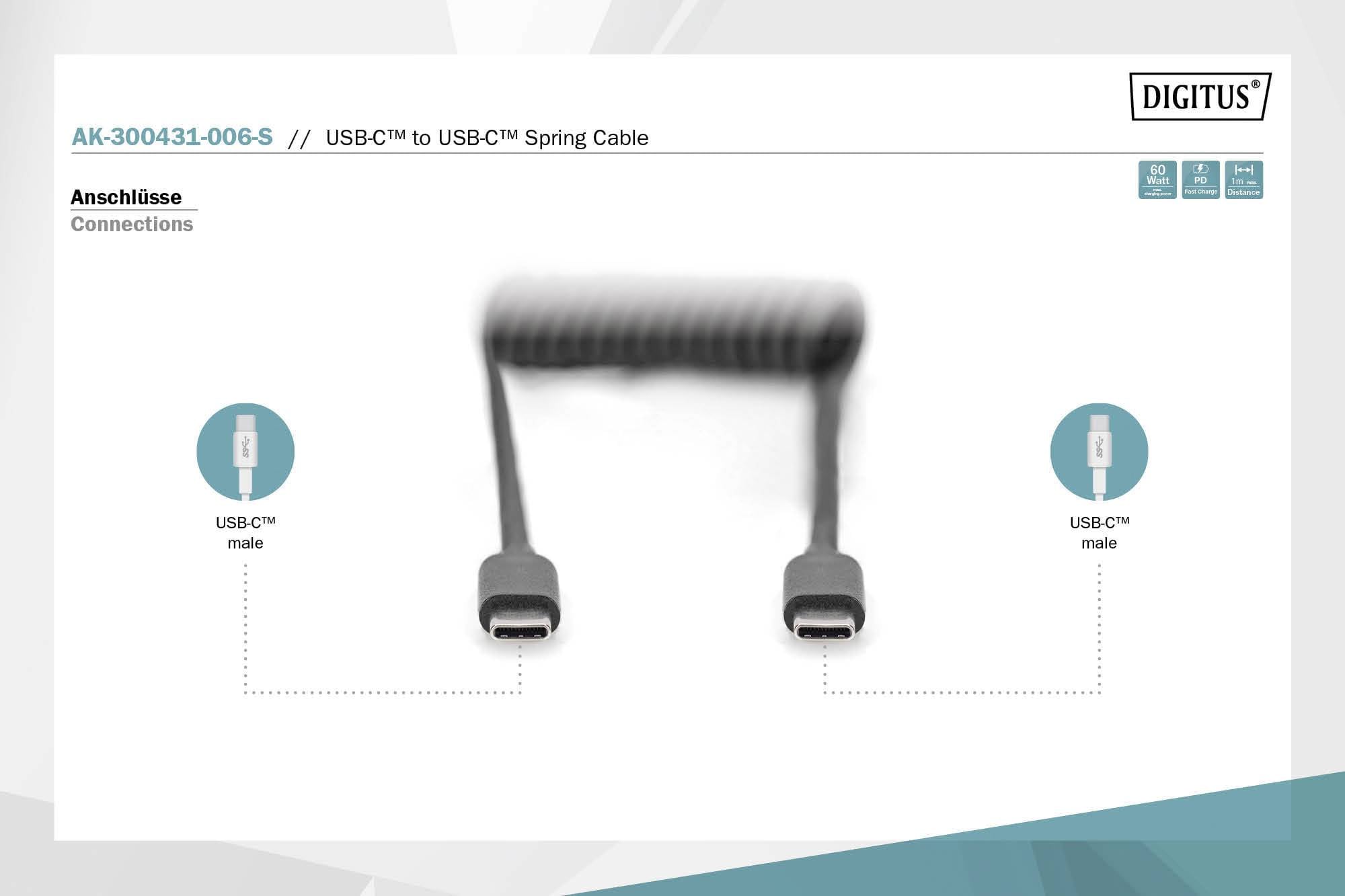Kabel USB-C na USB-C ze sprężyną, przedstawienie złącza: złącza USB-C po lewej i prawej stronie, spirala przedstawiona pośrodku.