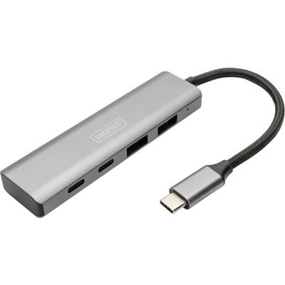 Hub USB-C z czterema portami: dwa porty USB i dwa porty USB-C, z krótkim przewodem. Obudowa w kolorze szarym, metalicznym.