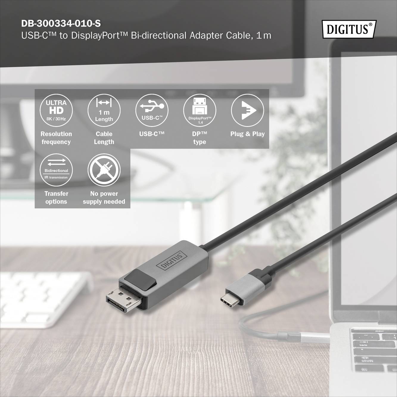 Przewód adapter USB-C do DisplayPort o długości 1 metra, odpowiedni dla rozdzielczości Ultra-HD, na tle biurka.