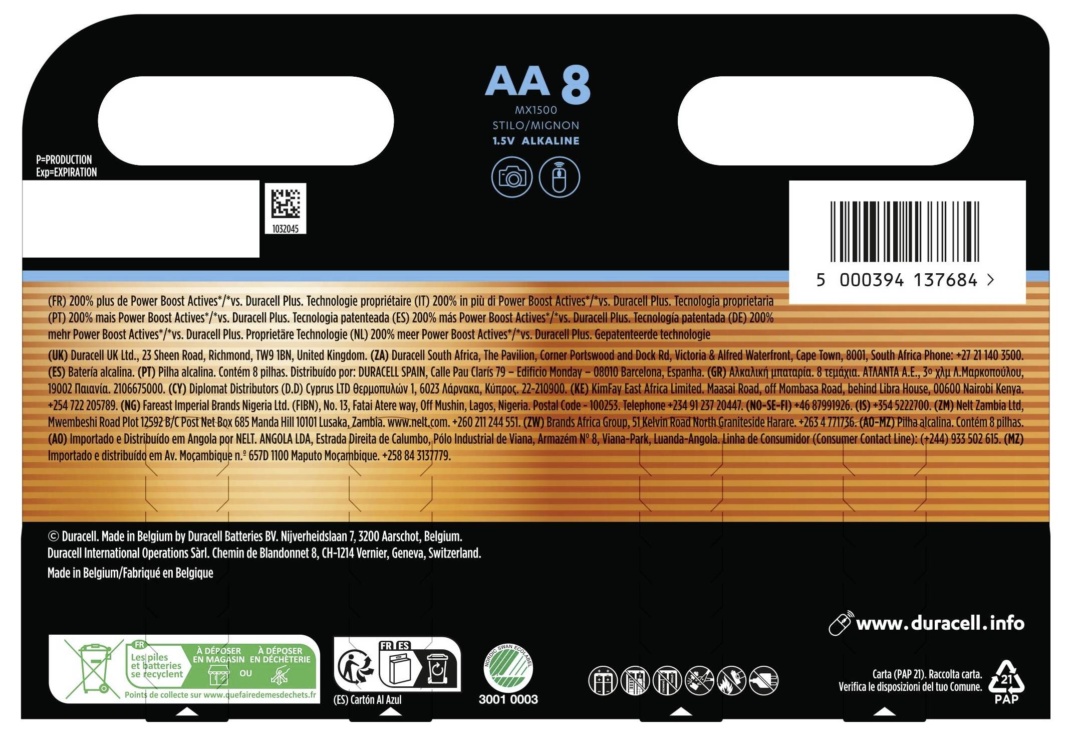 Батарейки Duracell Optimum MN1500 Optimum 8er типу АА, 1,5 В, лужно-марганцеві, 8 шт.