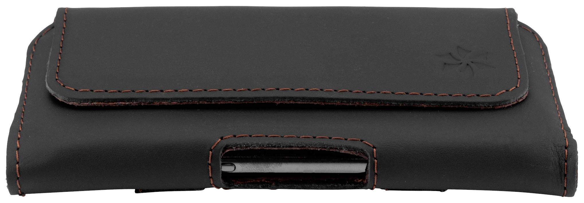 Czarna torba skórzana z czerwonym ozdobnym przeszyć i klapką; odpowiednia do przechowywania wąskiego urządzenia elektronicznego.