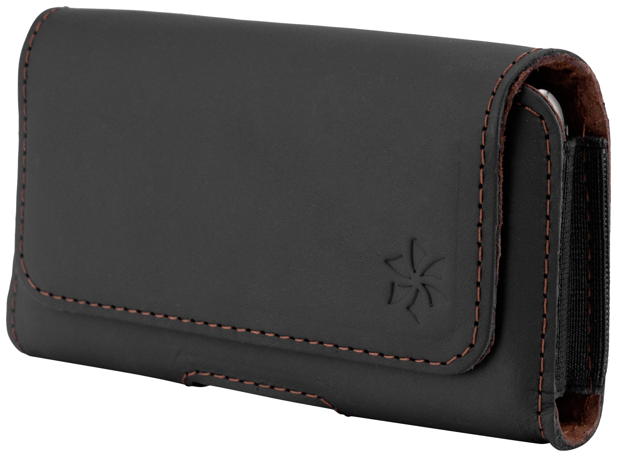 Czarna skórzana torba na telefon z czerwonym szwem i logo w kształcie gwiazdy na przedniej stronie. Odpowiednia do bezpiecznego przechowywania i transportu smartfonów.