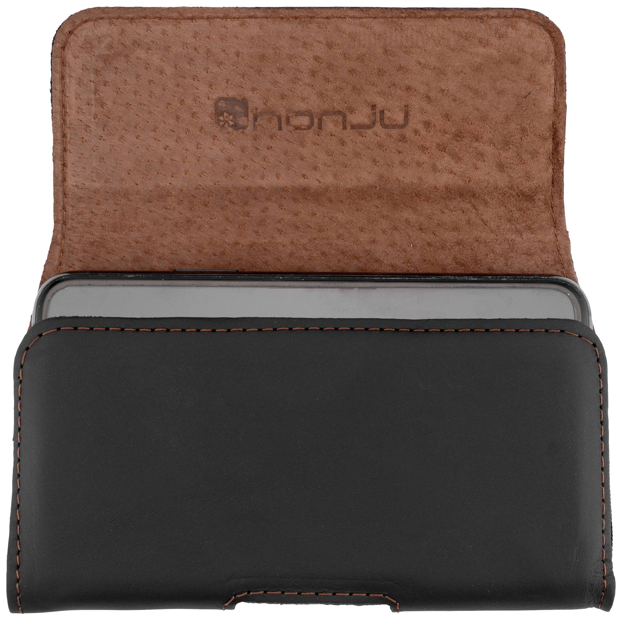 Brązowa i czarna torba skórzana, lekko otwarta, ukazuje szczegóły faktury i szwów.