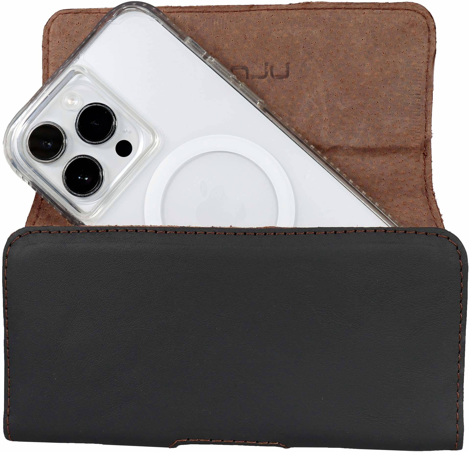 Czarna torba skórzana z brązową podszewką, wewnątrz której znajduje się smartfon z przezroczystą obudową.