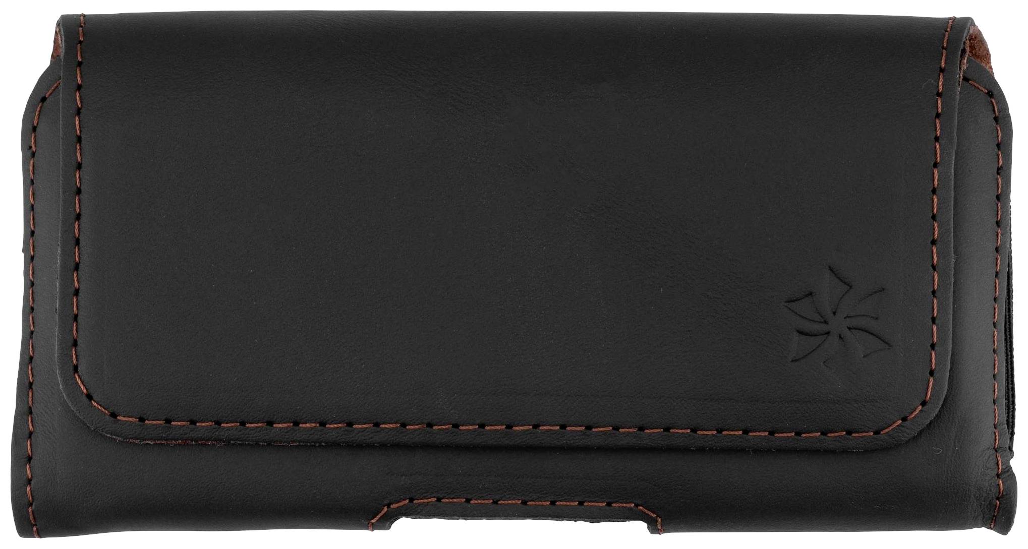 Czarna skórzana portmonetka z czerwonym szwem i dyskretnym wytłoczonym logo na przedniej stronie.