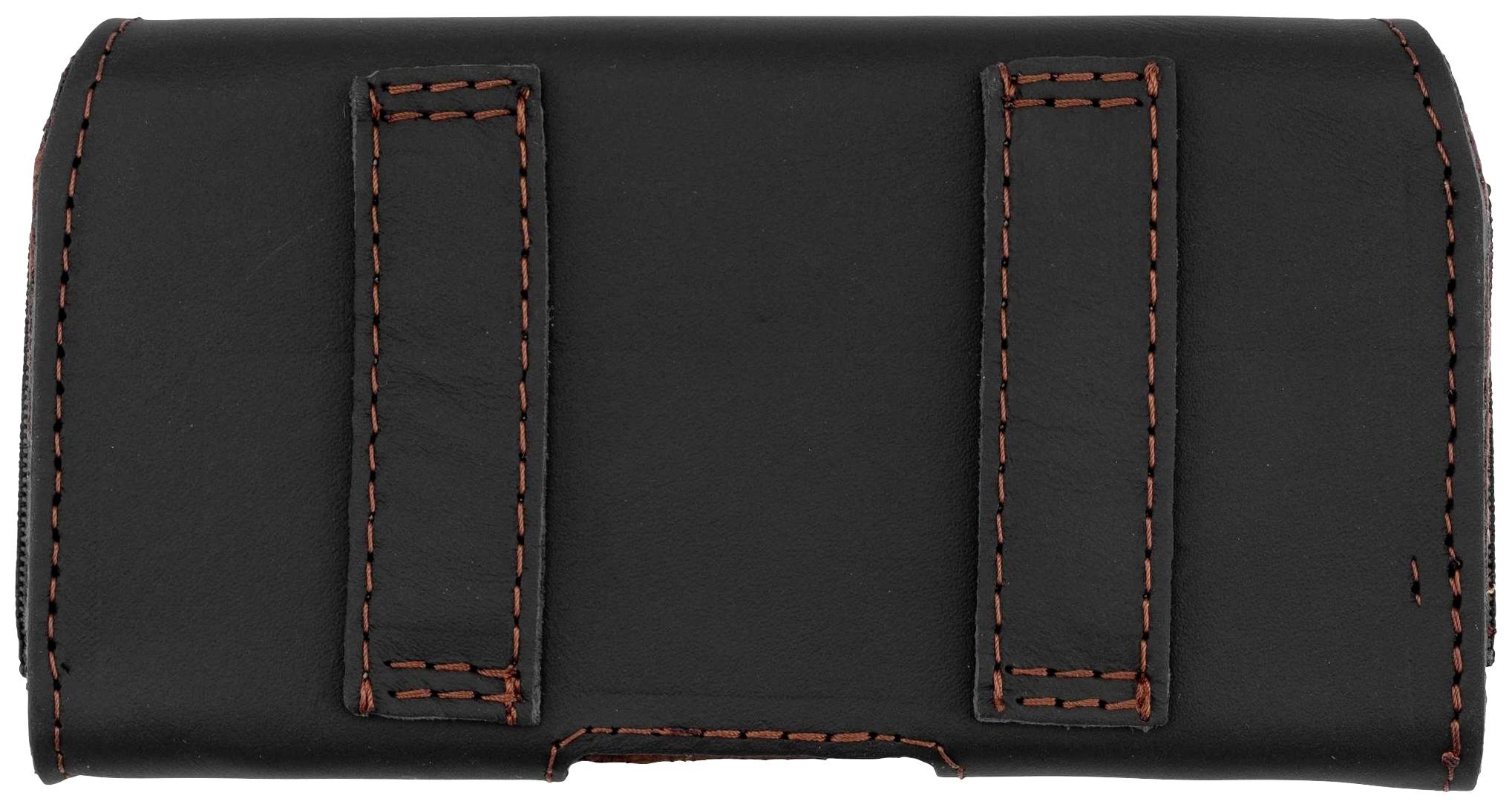 Czarne skórzane etui z czerwonymi szwami i dwoma pętlami z tyłu, odpowiednie do noszenia małego urządzenia przy pasie.