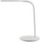 Minimalistyczna biała lampa biurkowa z zakrzywionym ramieniem i okrągłą podstawą, idealna do nowoczesnego wystroju biura.