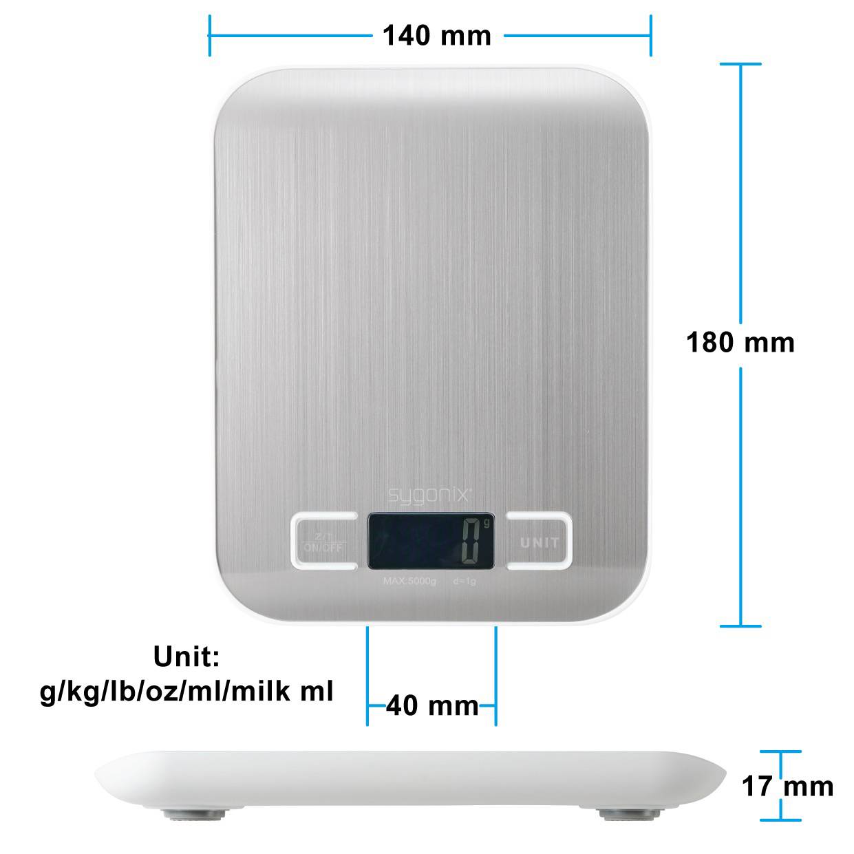 Elektroniczna waga kuchenna w kolorze srebrnym, o wymiarach 140 mm x 180 mm, wysokość 17 mm. Wybór jednostek: g, kg, lb, oz, ml, ml mleka.