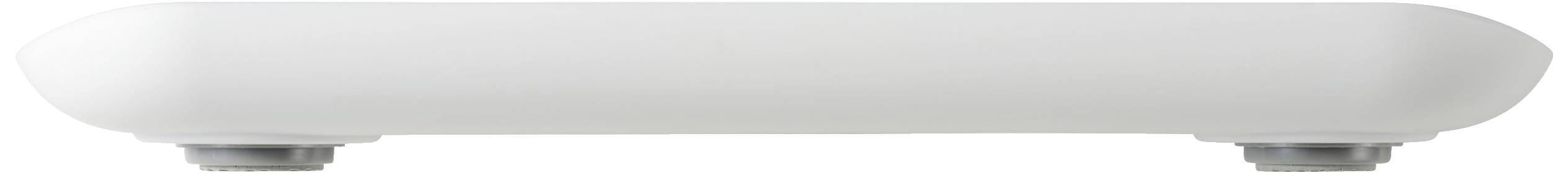 Białe, prostokątne obudowa z tworzywa sztucznego, spoczywająca na dwóch srebrnych podstawkach; projekt wygląda nowocześnie i minimalistycznie.