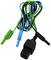 Trzy kolorowe kable (zielony, niebieski, czarny) z zakończeniami z tworzywa sztucznego i czterowtykowym czarnym wtykiem.
