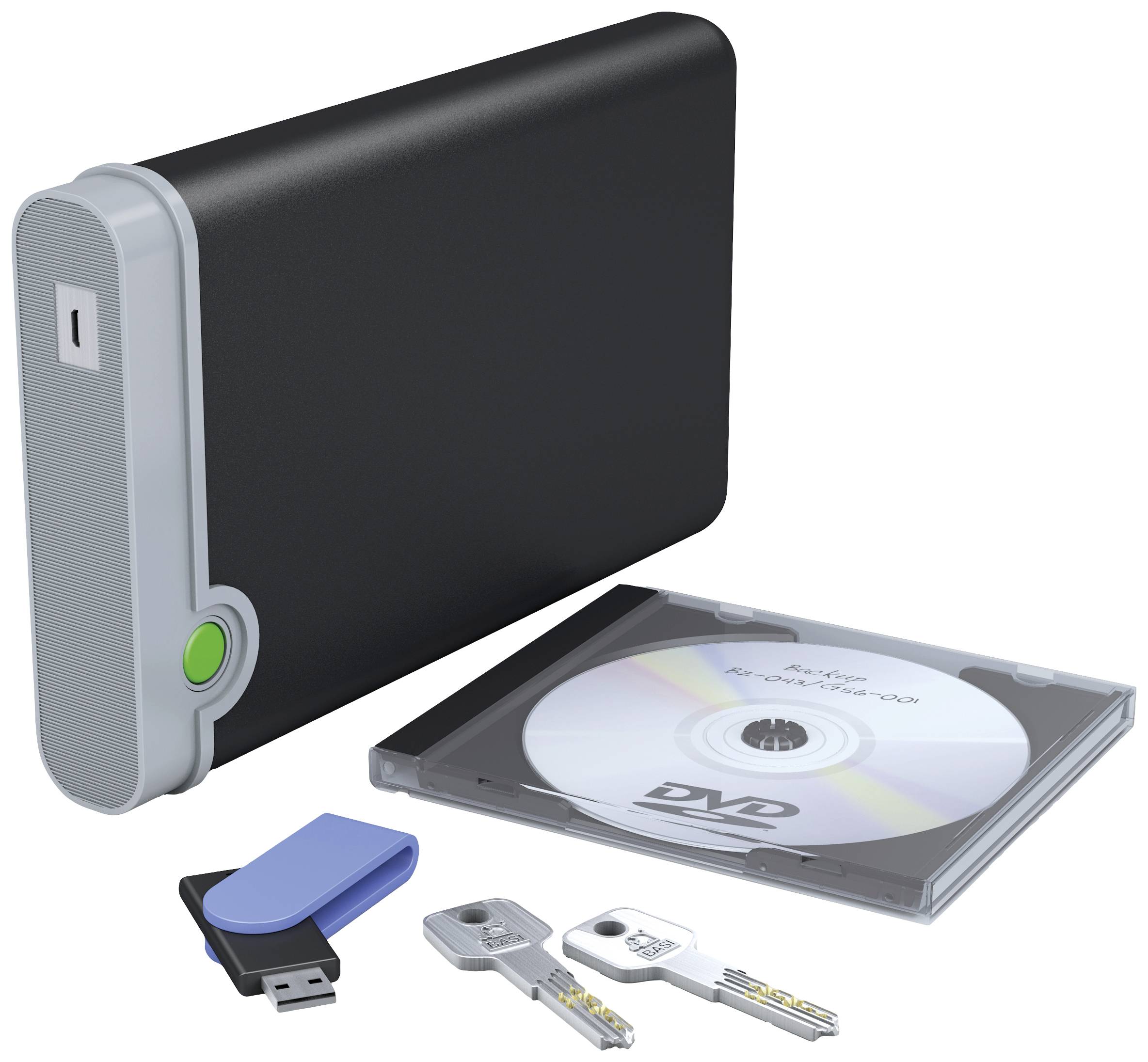 Zewnętrzny dysk twardy z podłączeniem USB, pendrive, dwa klucze i płyta DVD w etui, na białym tle.