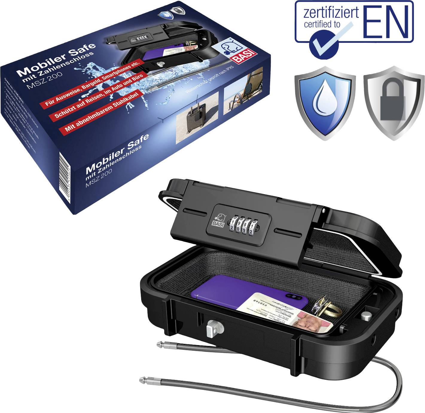 Przenośny sejf z zamkiem szyfrowym i linką zabezpieczającą. Opakowanie prezentuje cechy bezpieczeństwa i certyfikaty. Zawiera cenne przedmioty.