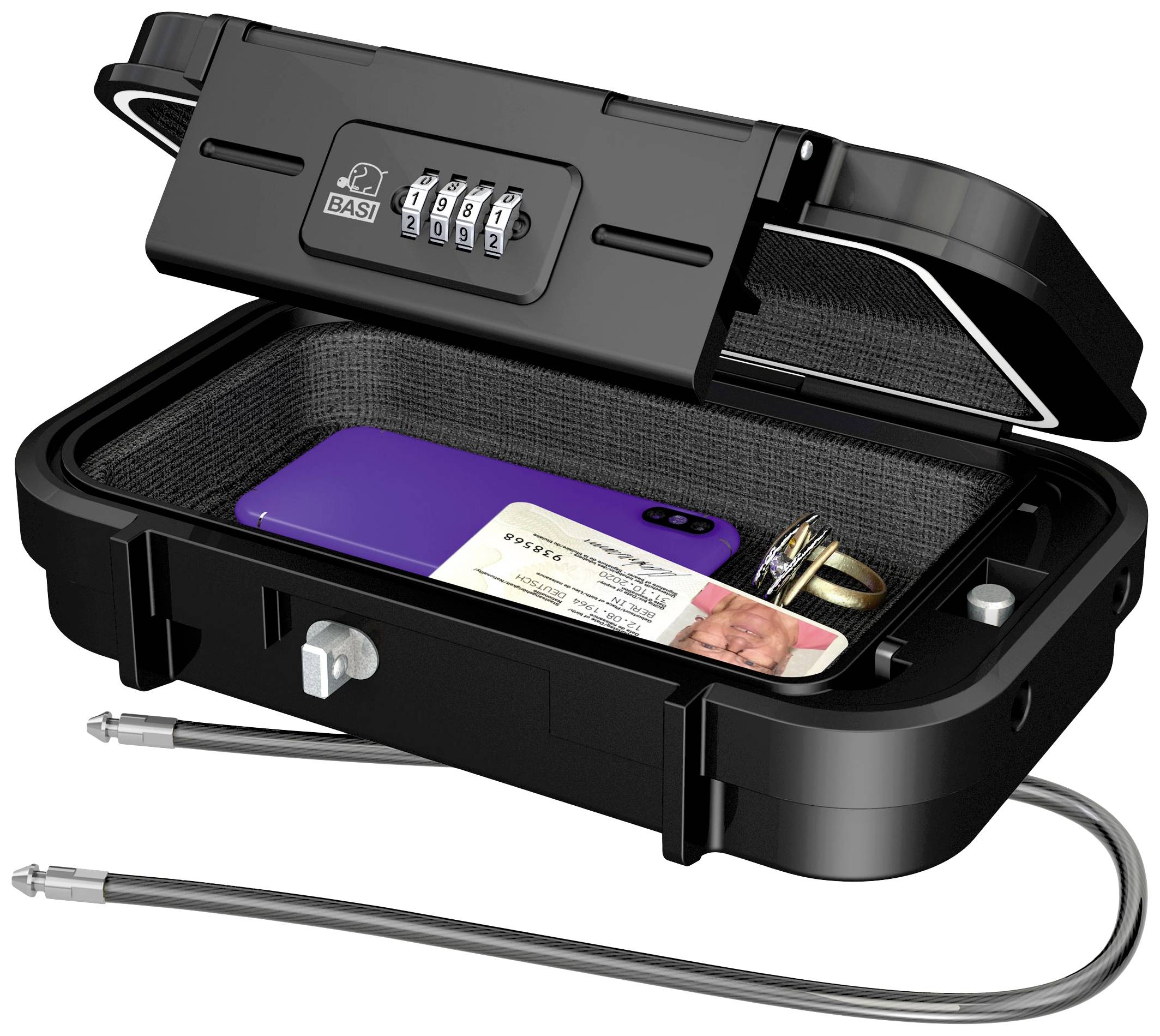 Mały sejf z zamkiem szyfrowym, otwarty, z widocznym smartfonem i kartą w środku.