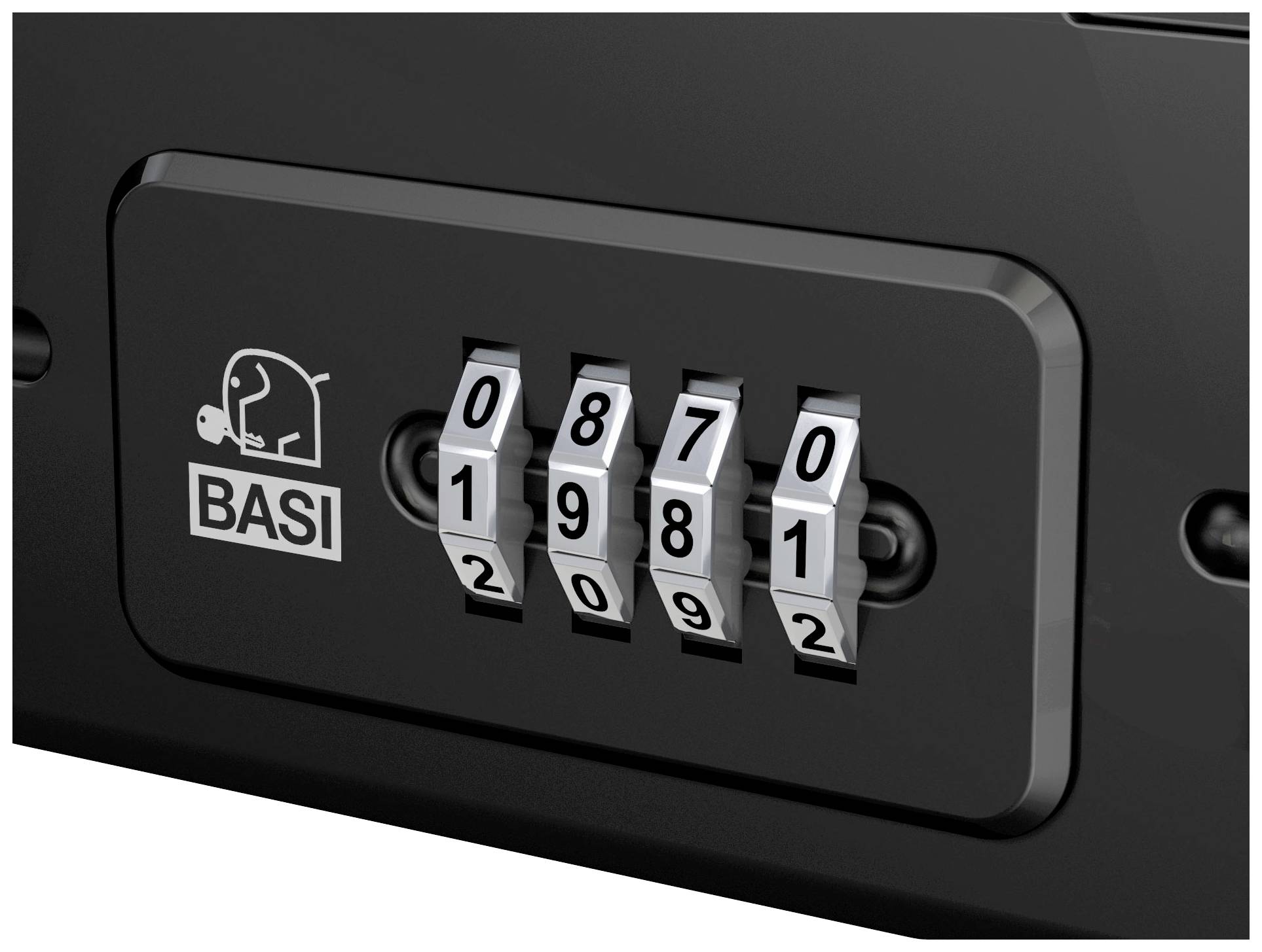 Czarny zamek szyfrowy z czterocyfrową kombinacją '1980'. Po lewej stronie widoczne jest logo BASI w postaci słonia.