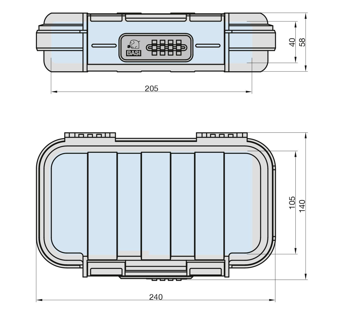 Rysunek techniczny pudełka z zamkiem szyfrowym w dwóch rzutach. Wymiary: 240x140x58 mm. Widok z góry przedstawia zamek.