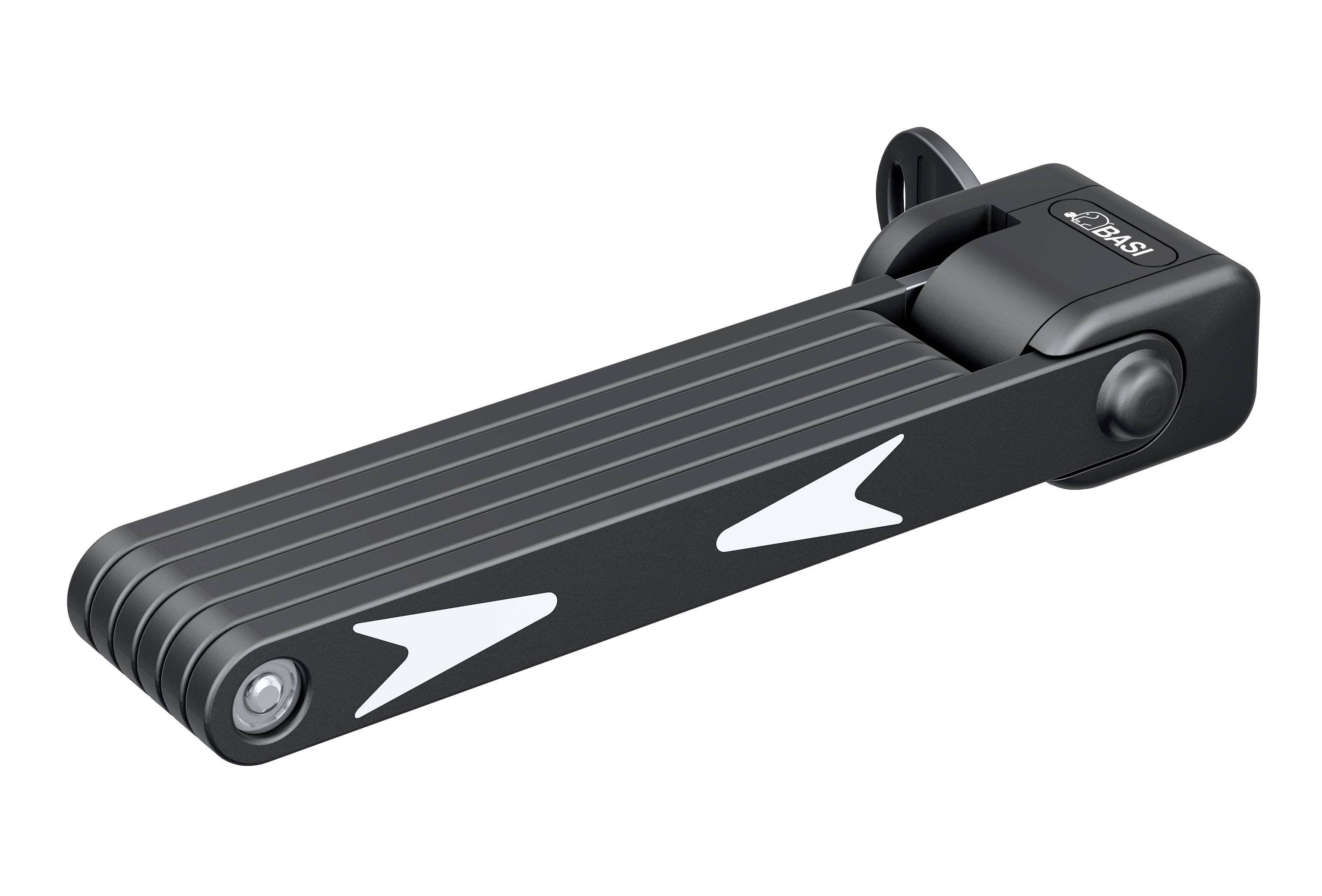 Czarny zamek składany z białymi strzałkami wskazującymi kierunek, złożony. Posiada kompaktową konstrukcję zapewniającą bezpieczne przechowywanie rowerów.