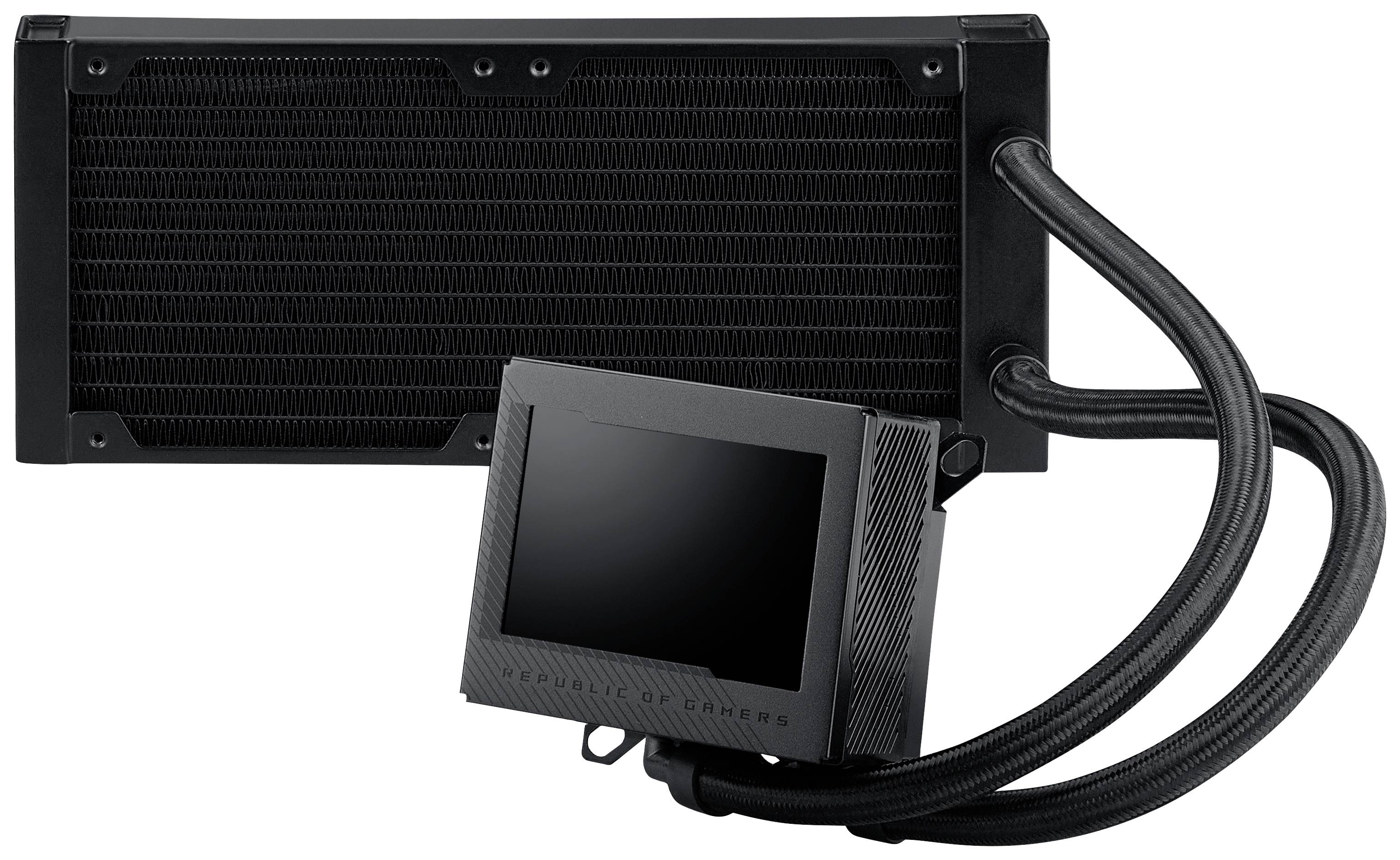 Chłodnica komputera z dużym, żebrowanym radiatorem i dwoma czarnymi przewodami prowadzącymi do kwadratowej jednostki pompowej.