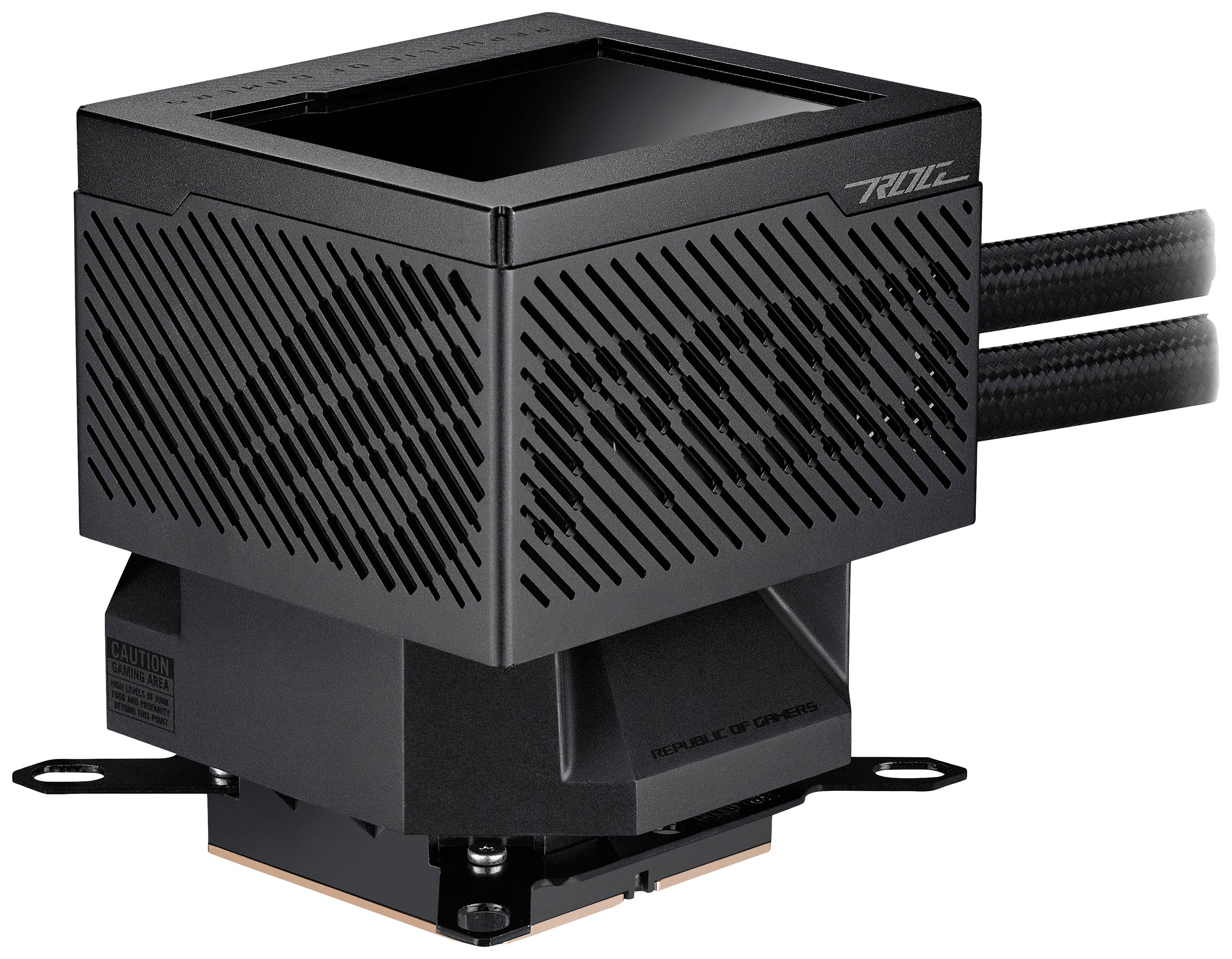 Kwadratowy, czarny radiator procesora z bocznymi otworami wentylacyjnymi i dwoma wężami chłodzącymi do komputera.