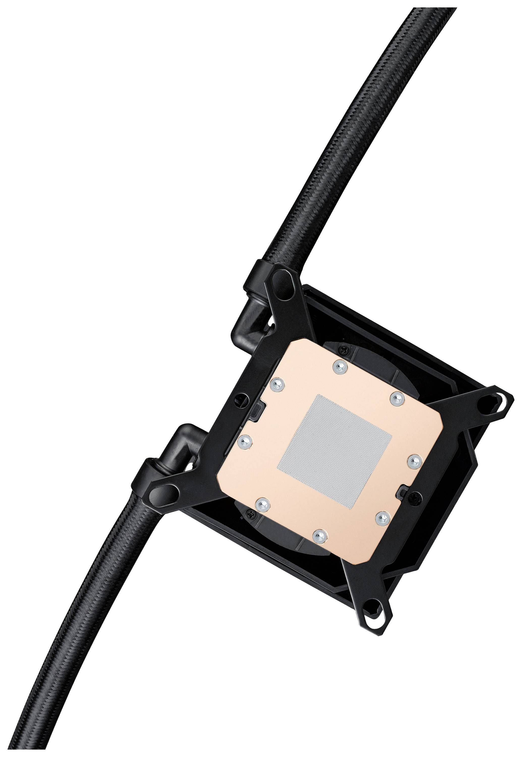 Czarna miedzianawa jednostka chłodząca komputera, widok od strony płyty bazowej z przymocowanymi przewodami do odprowadzania ciepła.