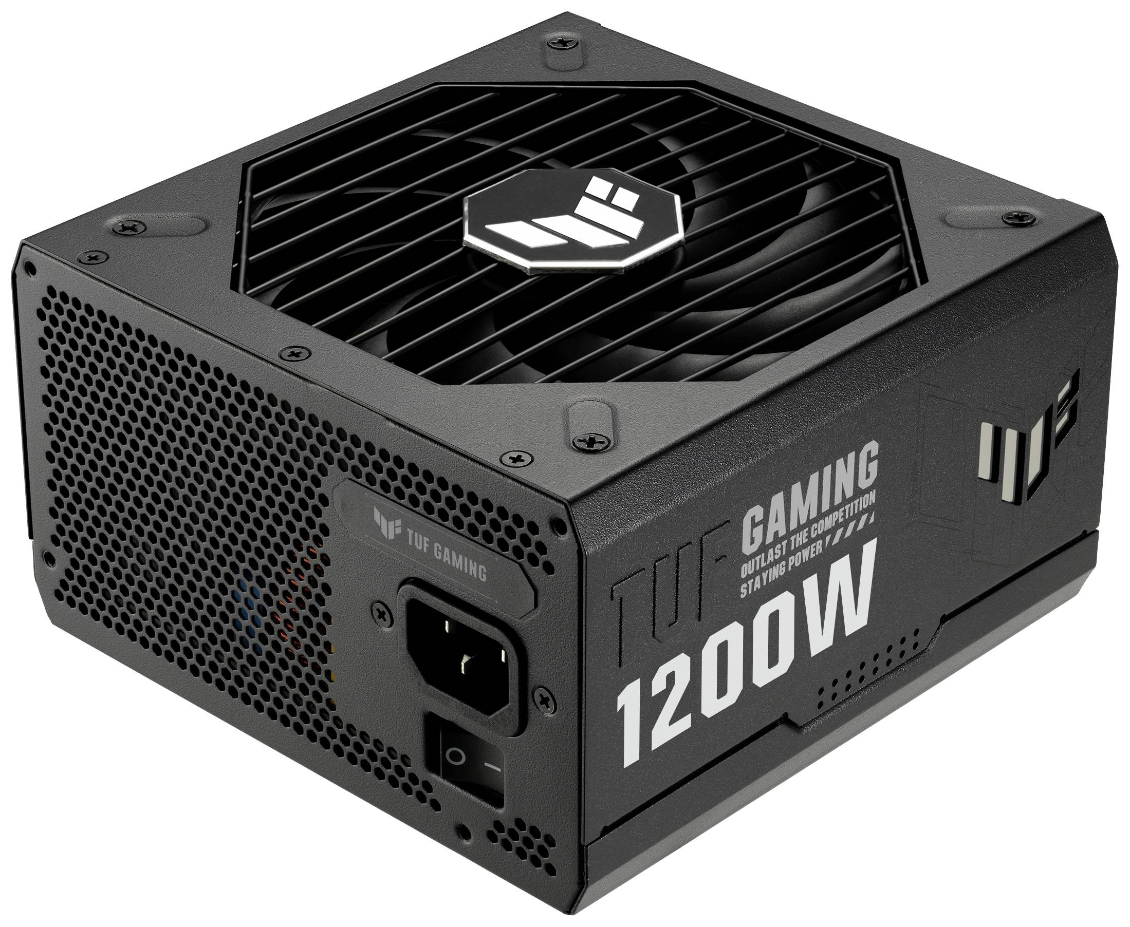 Czarny zasilacz do gier z napisem 'TUF Gaming 1200W', widoczny wentylator od góry, złącze i włącznik sieciowy.