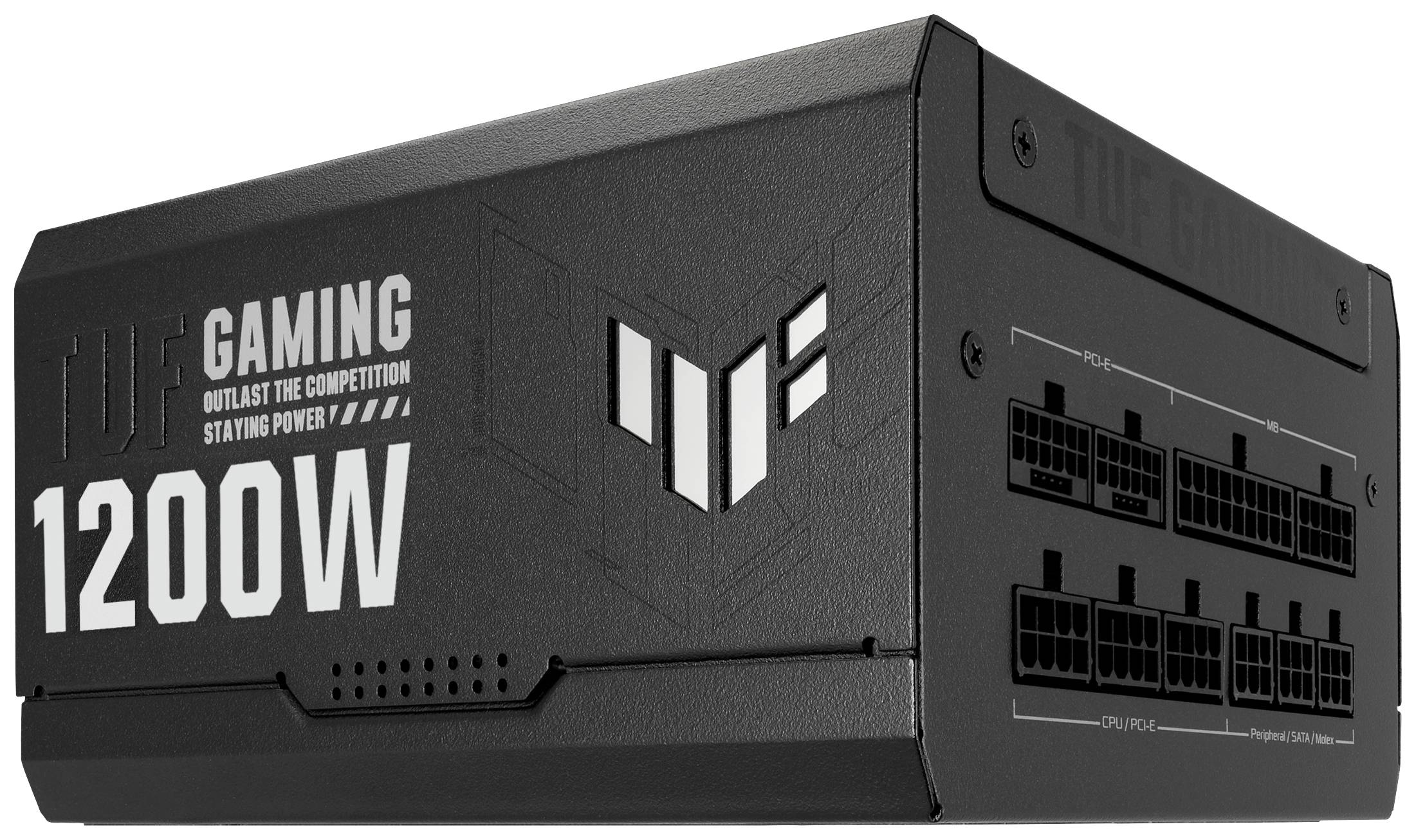 Czarny zasilacz do komputera z napisem 'TUF GAMING 1200W'. Posiada kilka portów przyłączeniowych po prawej stronie.