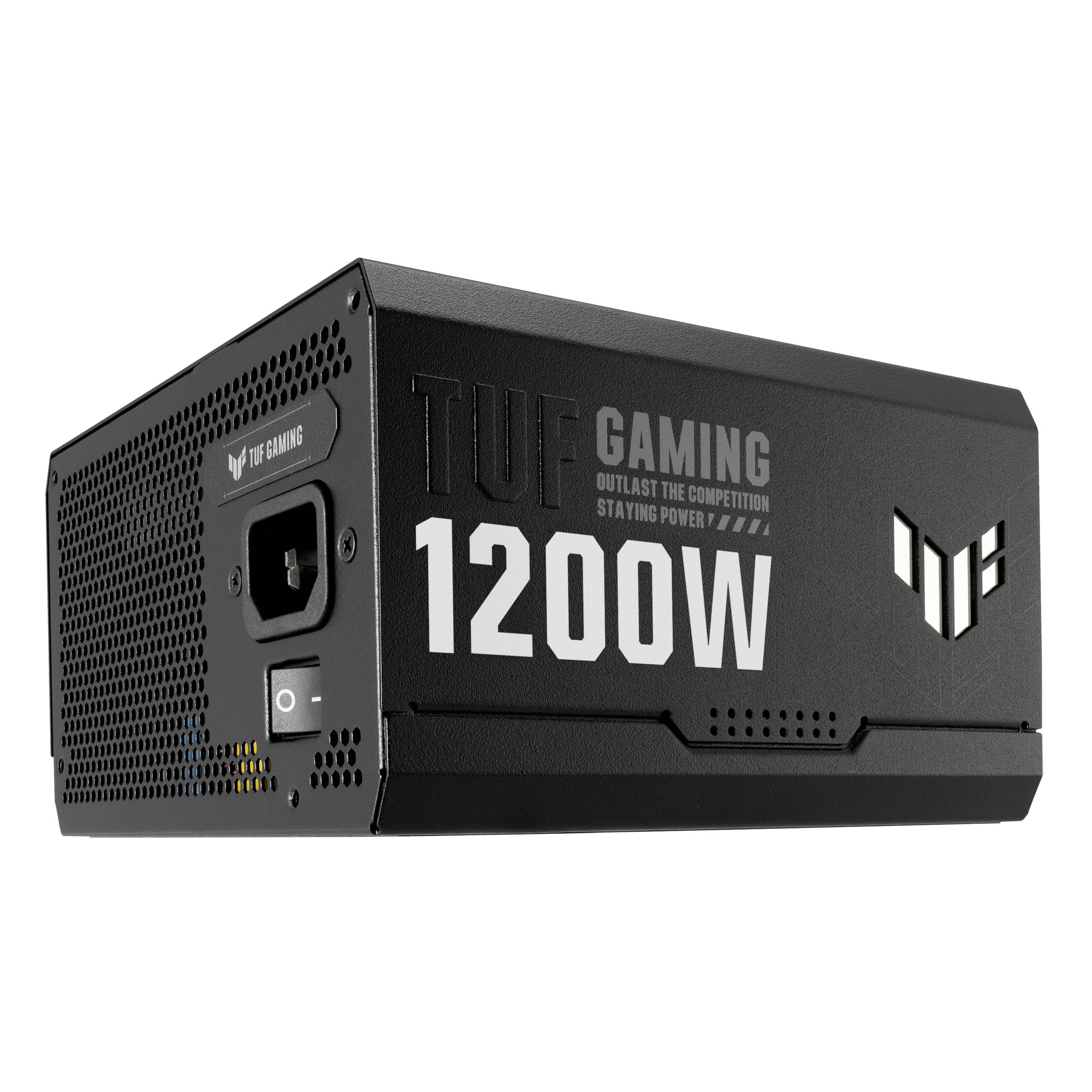 Czarny zasilacz komputerowy z napisem 'TUF Gaming 1200W', kratką wentylacyjną i złączem zasilania.