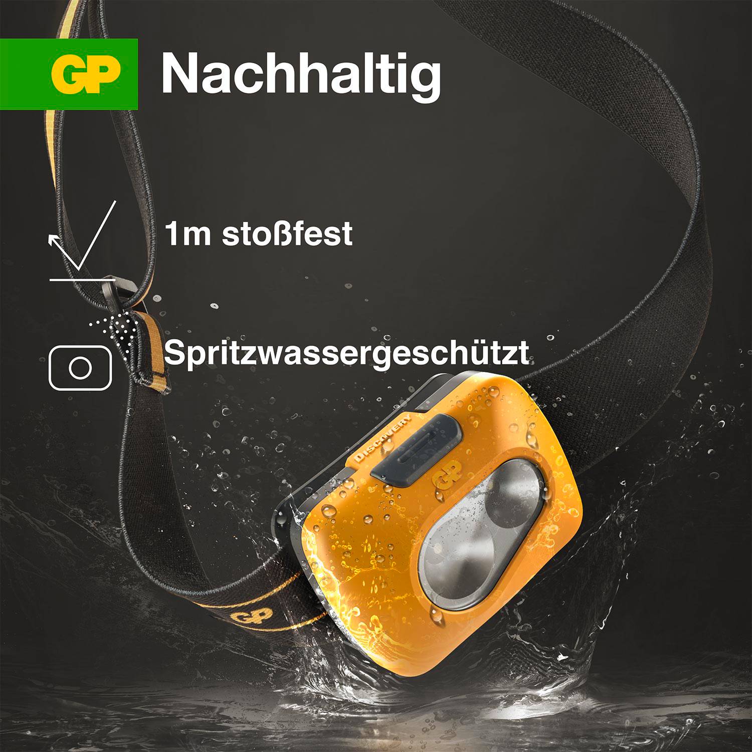'Latarka przypięta do pasa, żółto-pomarańczowa, odporna na zachlapania, wytrzymała do 1m. Idealna do aktywności na świeżym powietrzu.'