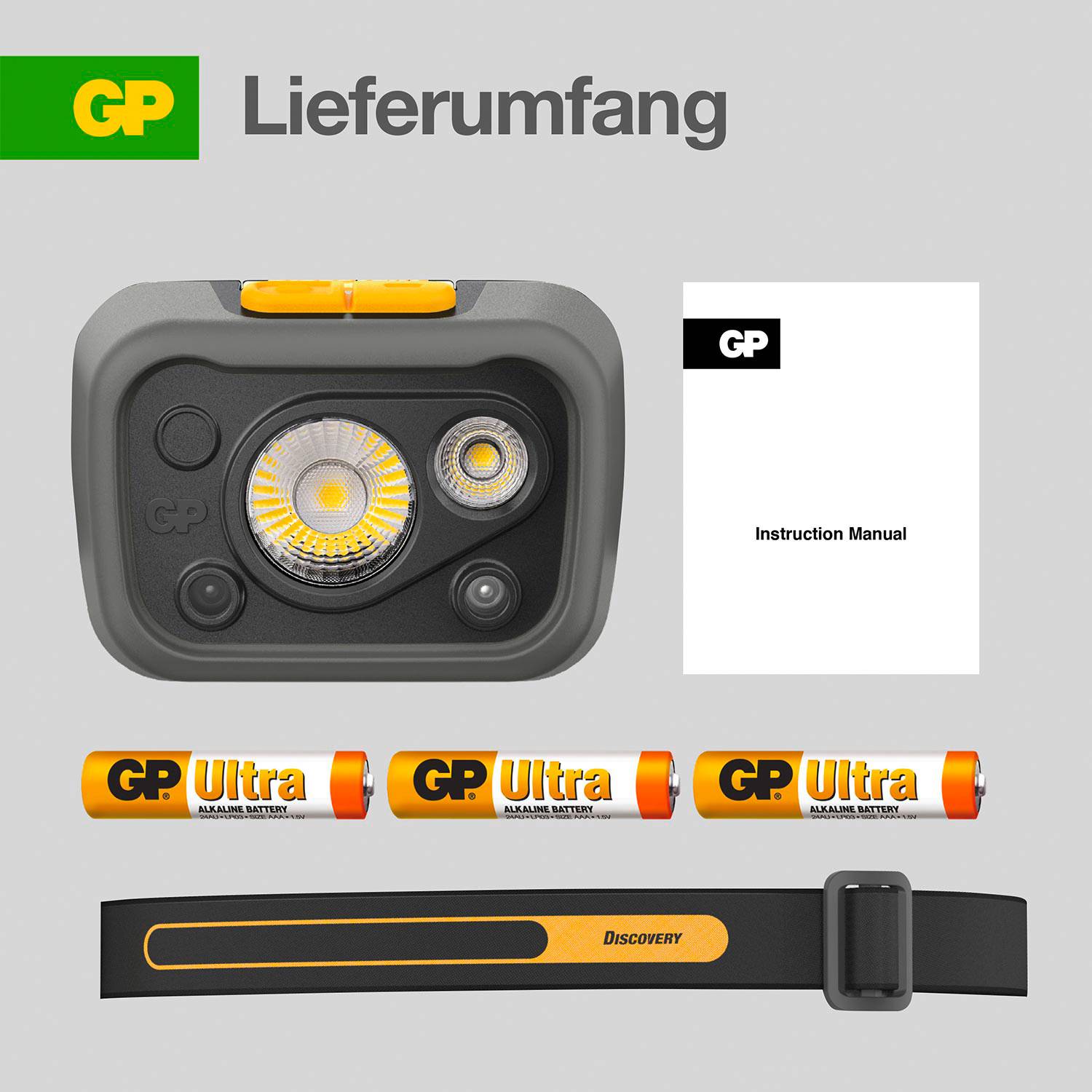 Zdjęcie przedstawia kompletne wyposażenie latarki czołówki: lampę, instrukcję obsługi, cztery baterie oraz opaskę na głowę.