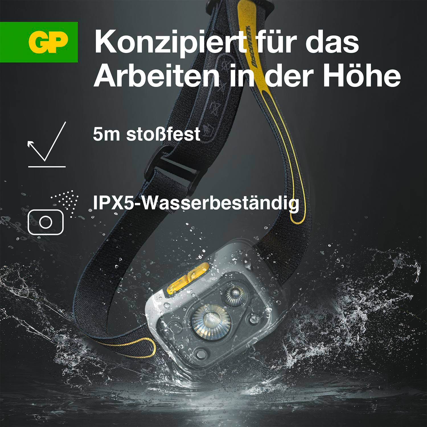 Czołówka GP zanurzona w wodzie, wytrzymała na wstrząsy i wodę. Tekst: 'Zaprojektowana do pracy na wysokości', 'Odporna na upadki z 5m', 'Wodoodporna IPX5'.