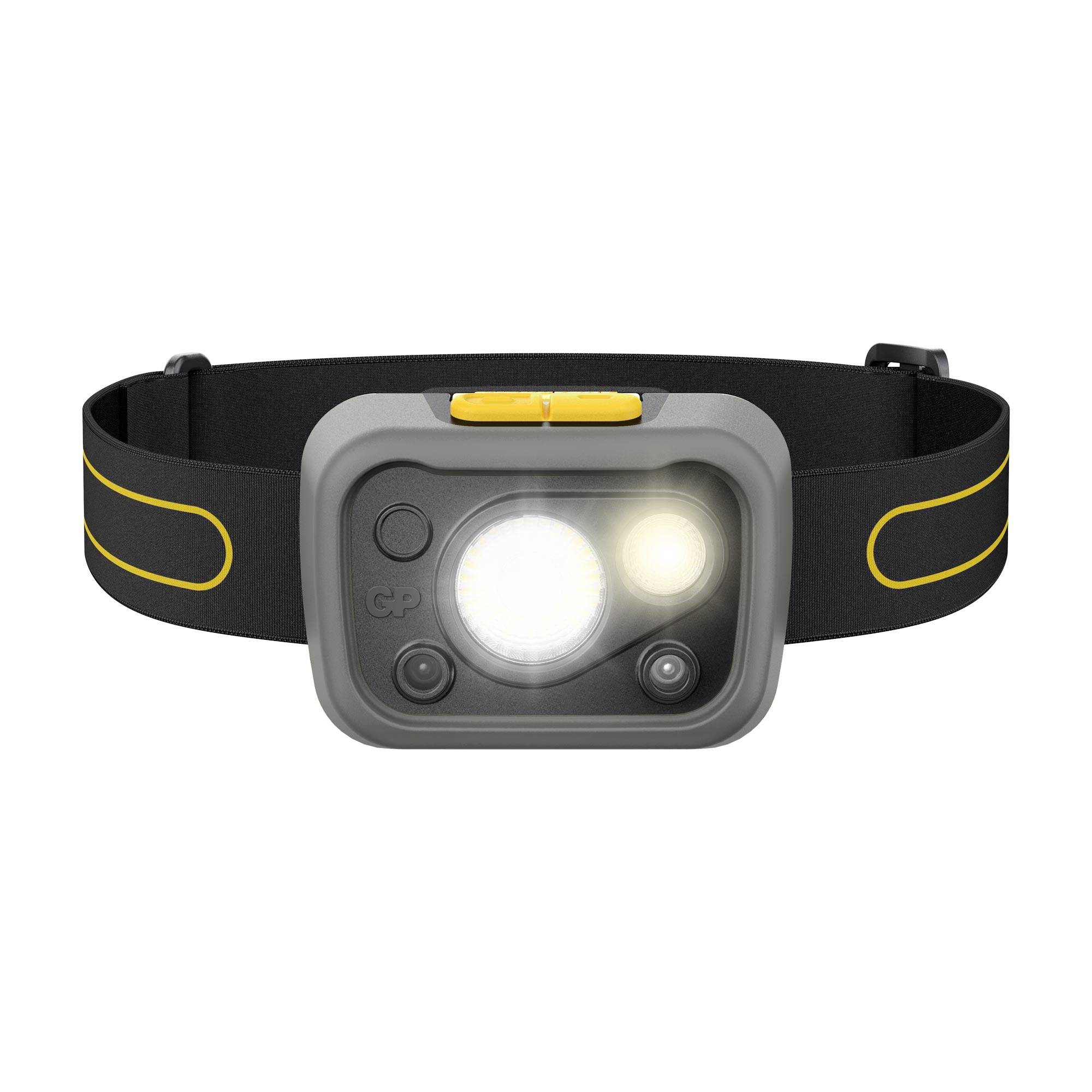 Czarna opaska na czoło z szarą lampką czołową, dwie świecące soczewki, żółte akcenty, odpowiednia do aktywności na świeżym powietrzu.