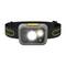 Czarna opaska na czoło z szarą lampką czołową, dwie świecące soczewki, żółte akcenty, odpowiednia do aktywności na świeżym powietrzu.
