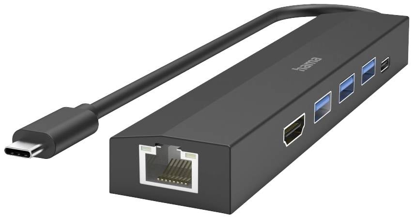 Hub USB-C z wieloma złączami: Ethernet, HDMI i różnymi portami USB.