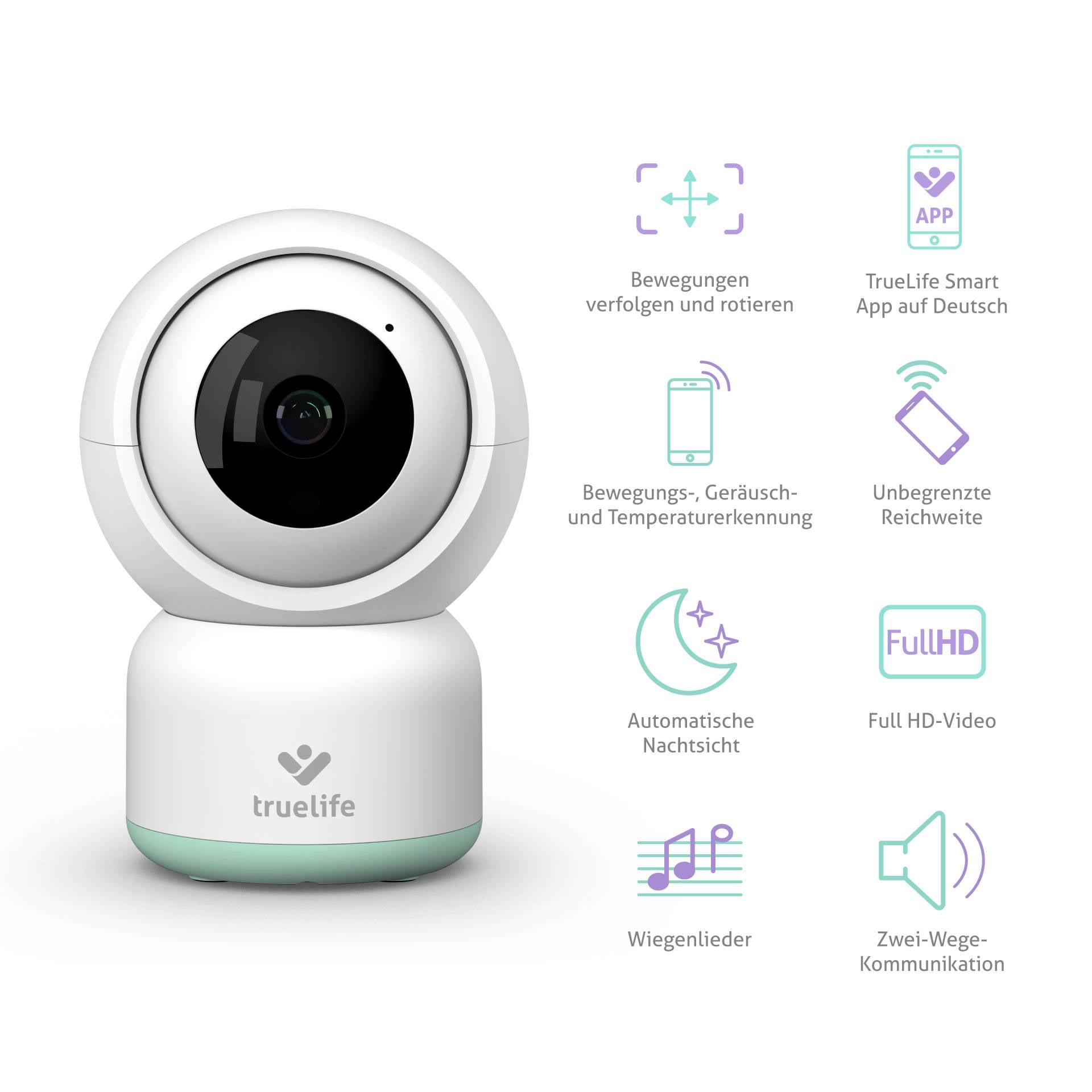 Biała kamera monitorująca marki truelife z funkcjami takimi jak rozpoznawanie ruchu, dźwięku i temperatury, nagrywanie wideo w Full HD, widzenie nocne oraz komunikacja dwukierunkowa.