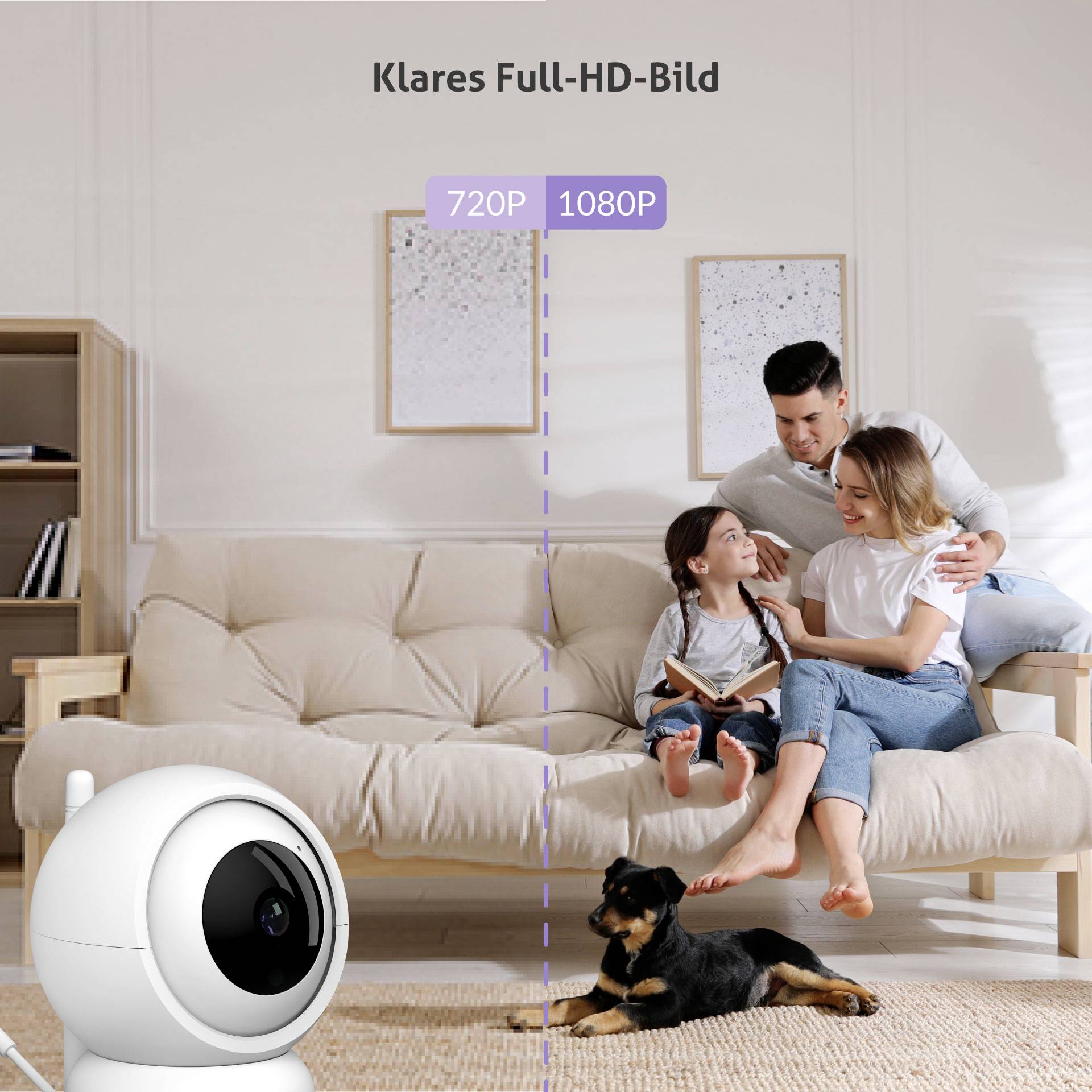 Rodzina siedzi na kanapie z psem przed sobą. Kamera pokazuje 'Wyraźny obraz w Full HD' i porównuje 720p z 1080p.