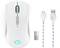 Biała mysz gamingowa z podświetlonym logo, przewodem USB i bezprzewodowym odbiornikiem na białym tle.
