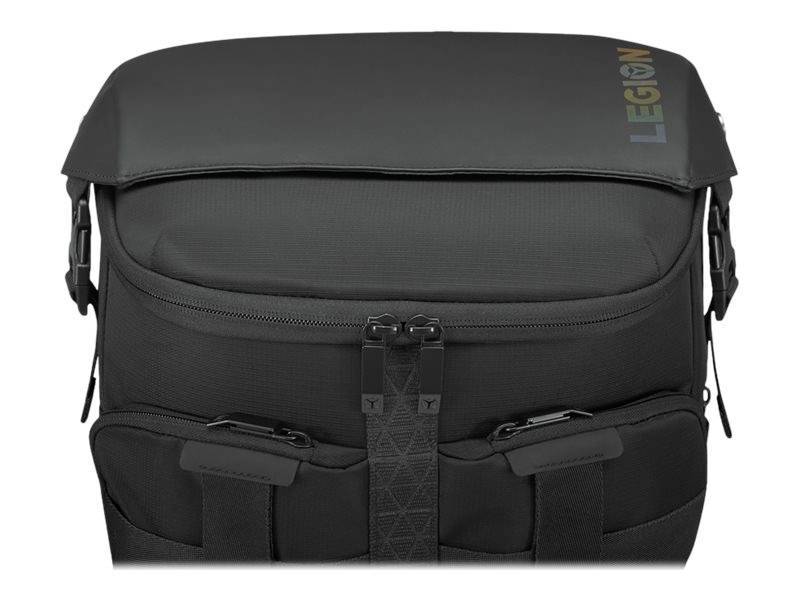 Czarna torba fotograficzna z wieloma kieszeniami na zamek błyskawiczny i logo 'LEGION' na górnej pokrywie.