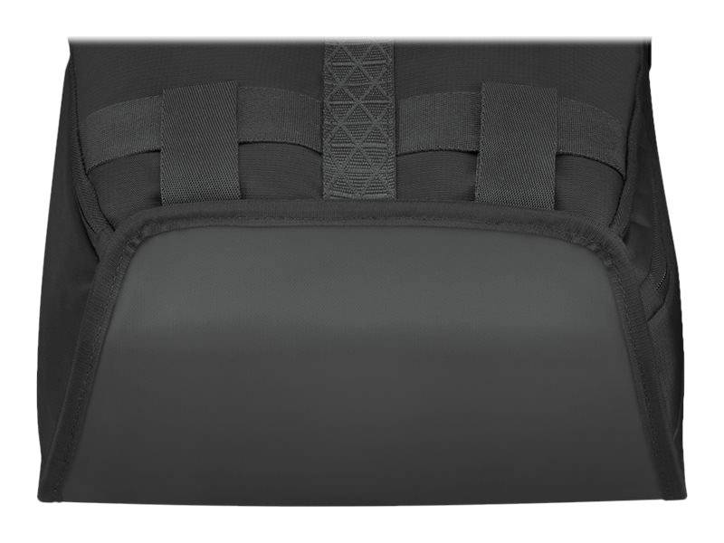 Czarna, prostokątna torba z wieloma poziomymi paskami i wzmocnioną klapą.