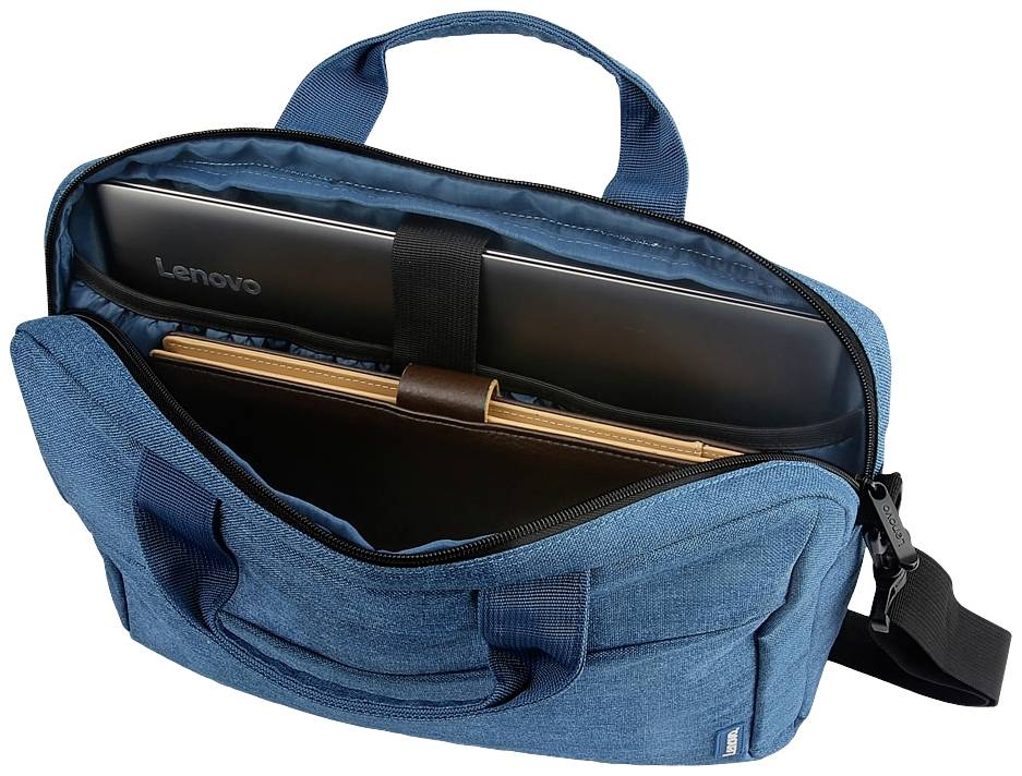 Niebieska torba na laptopa z otwartym zamkiem błyskawicznym; widoczny laptop i segregator.