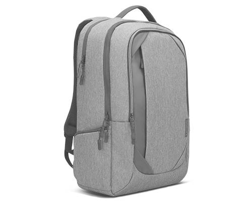 Szary, nowoczesny plecak z wieloma przegrodami i górną pętlą do noszenia.