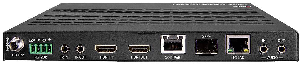 Widok z tyłu czarnego urządzenia elektronicznego z gniazdami HDMI, audio, LAN oraz innymi złączami, w tym złączem zasilania.