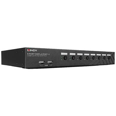 Ośmiokanałowy przełącznik KVM z interfejsem DisplayPort i USB w czarnej obudowie, wyposażony w wielostanowiskowe przyciski numeryczne oraz dwa porty USB z przodu urządzenia.