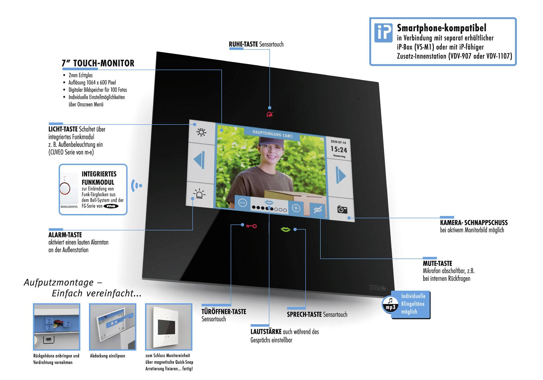 7-calowy monitor dotykowy z funkcjami nadzoru kamerowego i regulacji głośności, kompatybilny ze smartfonami, przeznaczony do łatwego montażu ściennego.