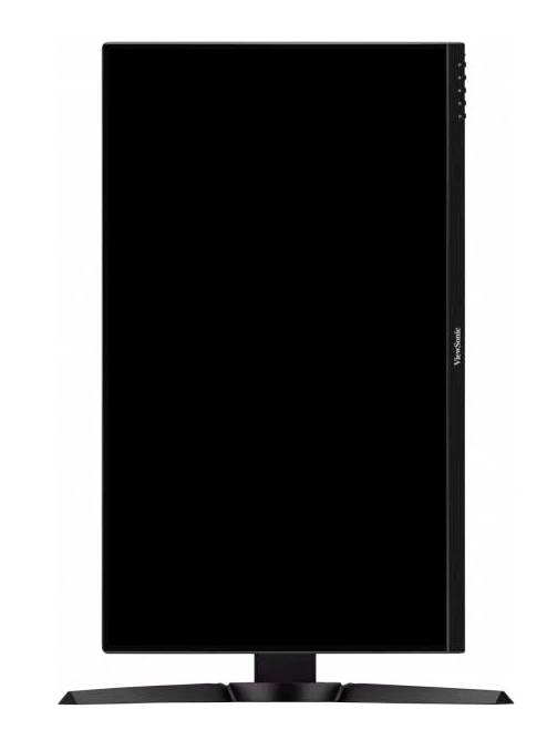Czarny, pionowy ekran komputerowy o wąskiej ramce, umieszczony na podstawce, stojący na białym tle.