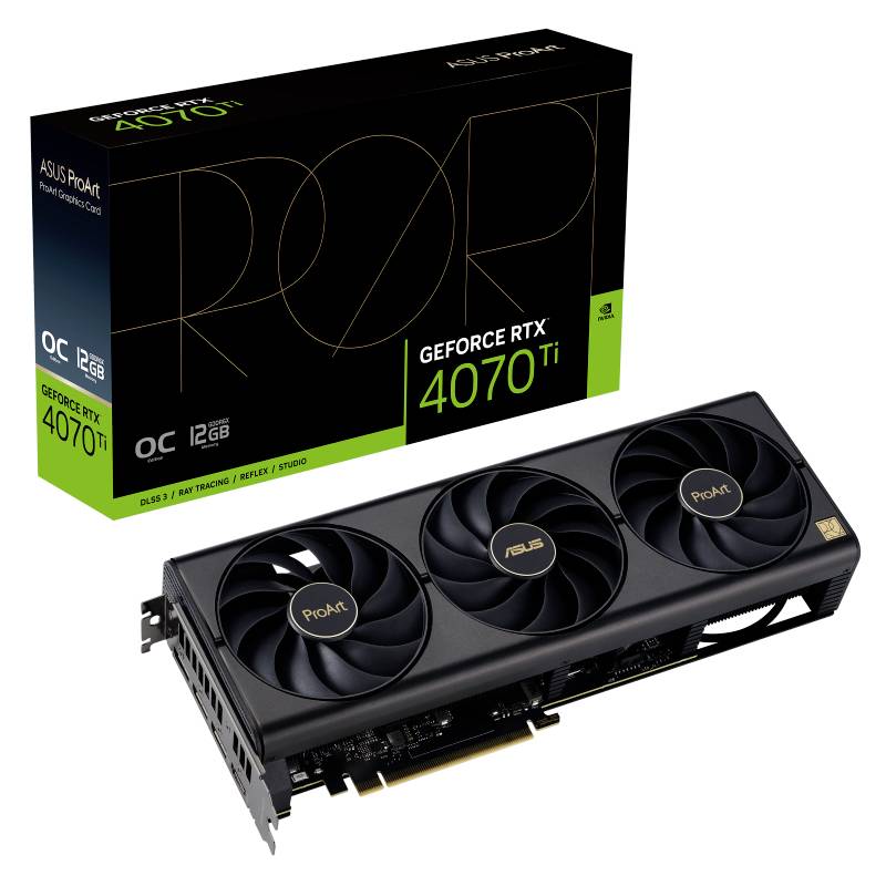 Karta graficzna ASUS ProArt GeForce RTX 4070 Ti z trzema chłodnicami. Opakowanie wskazuje 'OC', 'DLSS 3', 'Ray Tracing', 12GB.