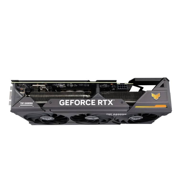Karta graficzna z wieloma wentylatorami, oznaczona etykietami 'GEFORCE RTX' i 'TUF GAMING', przeznaczona do wydajnego grania i zastosowań graficznych.