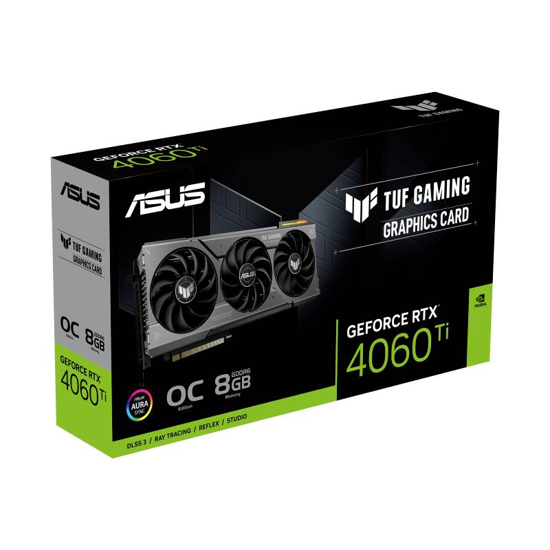 Opakowanie karty graficznej: ASUS TUF Gaming GeForce RTX 4060 Ti z 8 GB, z podkreślonymi funkcjami takimi jak DLSS 3, Ray Tracing i więcej.