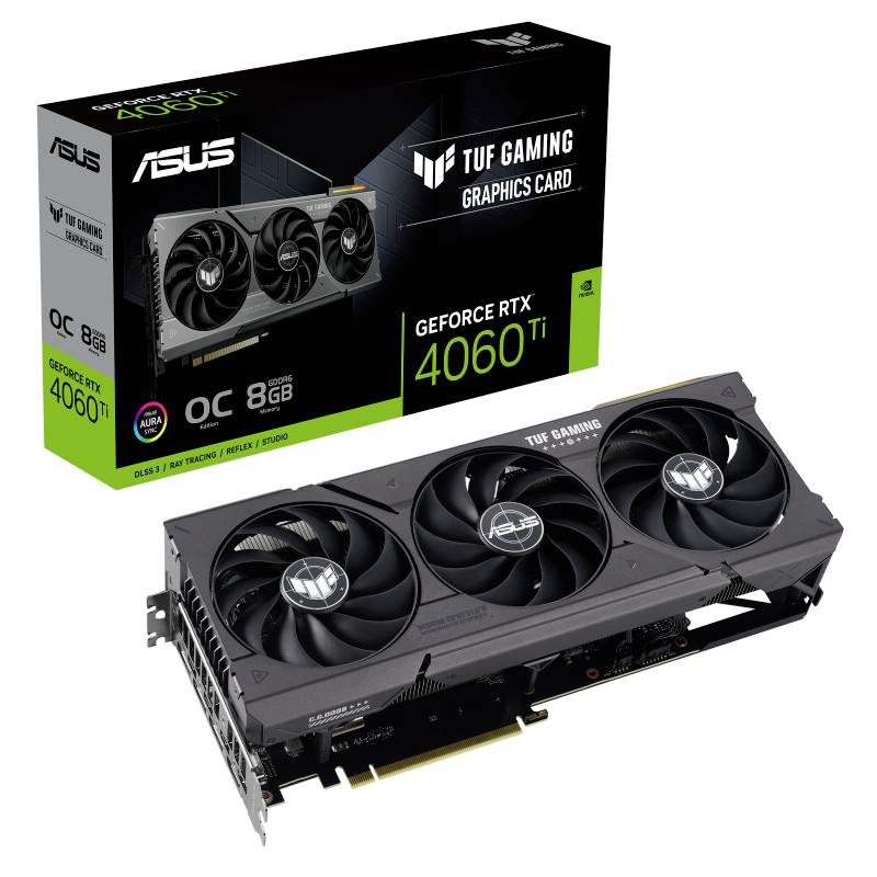 Karta graficzna ASUS TUF Gaming GeForce RTX 4060 Ti z trzema wentylatorami, obok oryginalnego opakowania produktu.