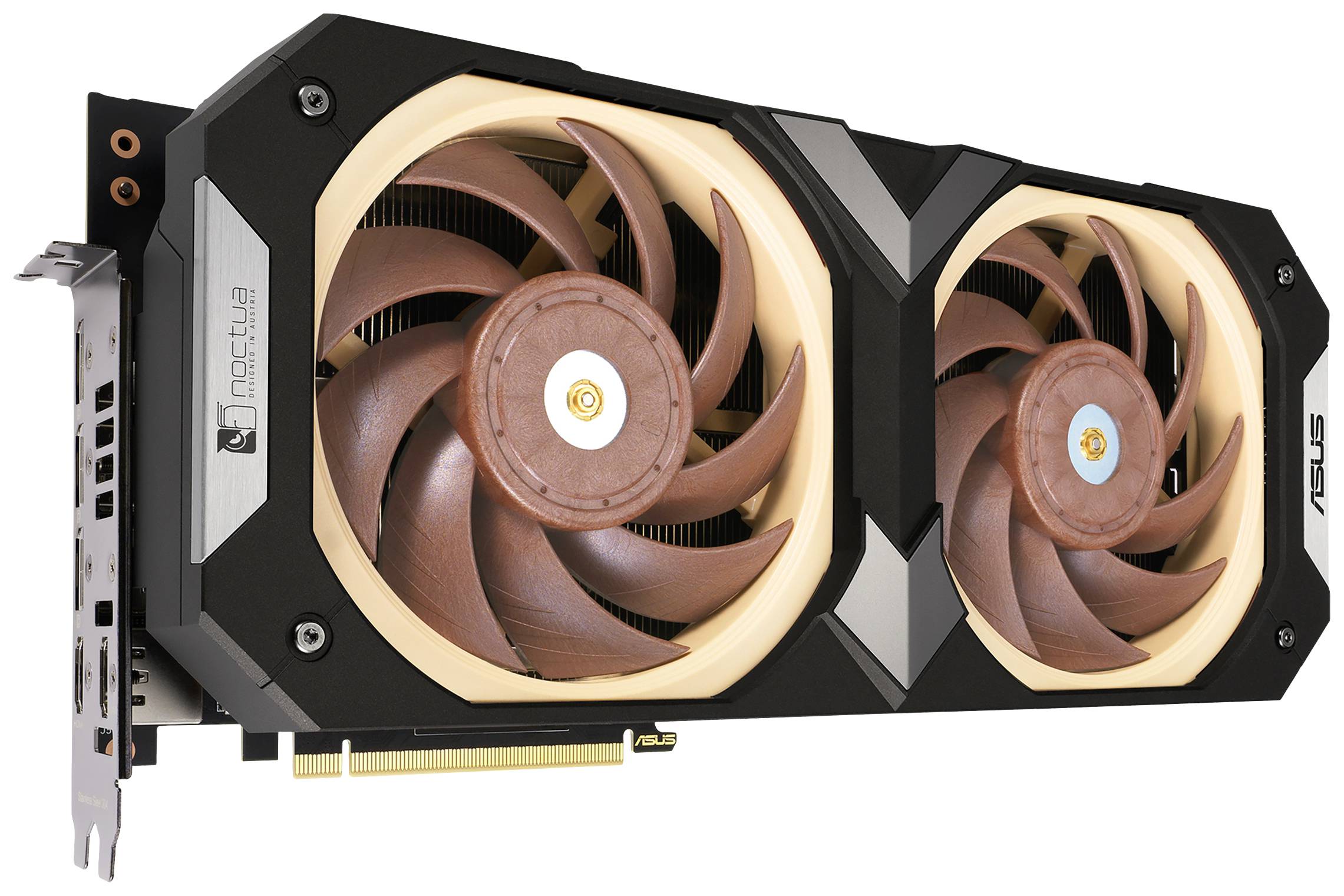 Karta graficzna z dwoma dużymi wentylatorami, w czarnej obudowie z logo 'Noctua' i 'ASUS', odpowiednia do wysokowydajnego przetwarzania grafiki.