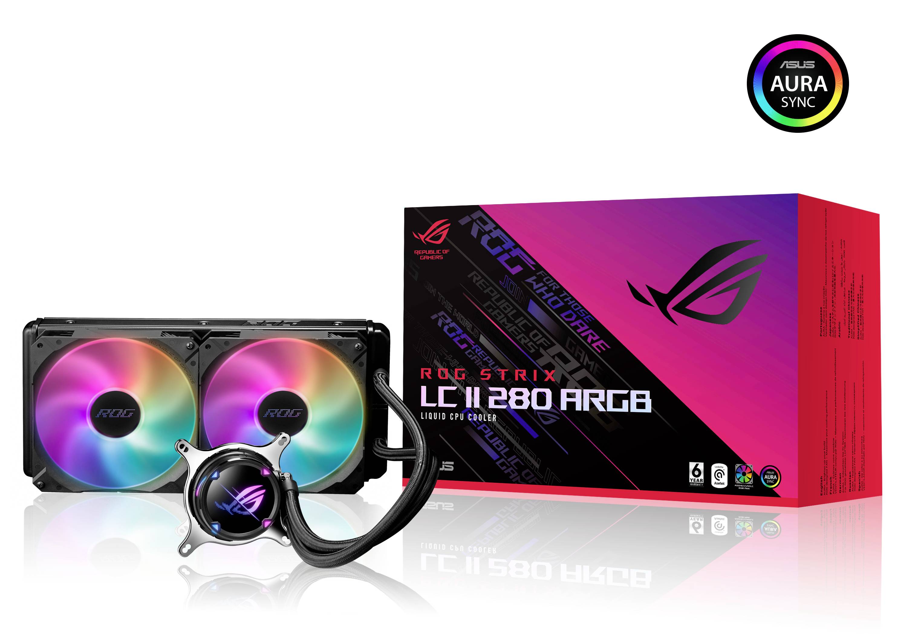 Chłodnica cieczowa ASUS ROG Strix LC II 280 ARGB z podświetlanymi wentylatorami i opakowaniem, przeznaczona do wydajnych komputerów dla graczy.
