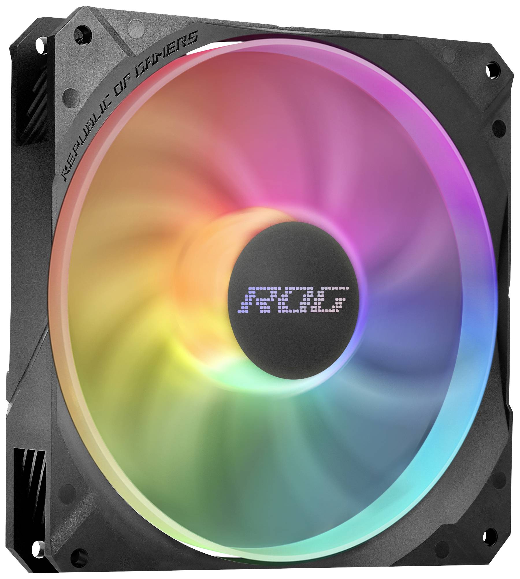 Wentylator komputerowy z podświetleniem RGB wyświetla spektrum kolorów od czerwonego do niebieskiego. Napis: 'Republic of Gamers'.